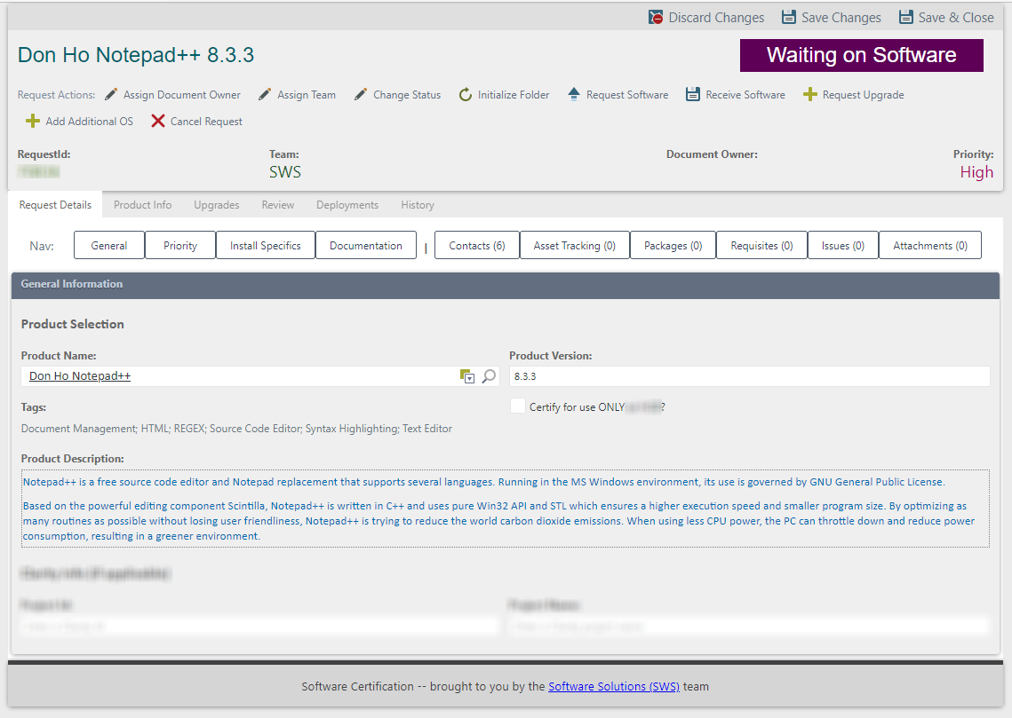 Multi-tab process form for editing work items
